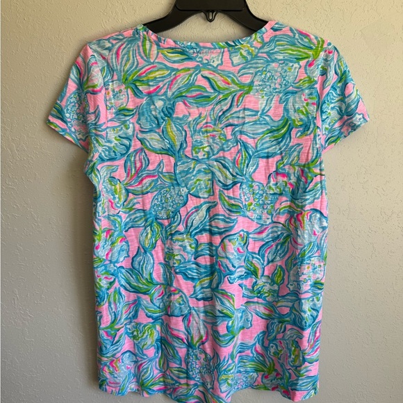 Lilly Pulitzer Pink Blue Fish Print V-Neck Short Sleeve Tee Womens S Coastal - Picture 5 of 5
